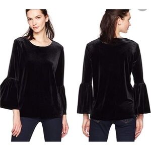 Calvin Klein Black Velvet Bell Sleeve Round Neckline Holiday Party Top Blouse XS
